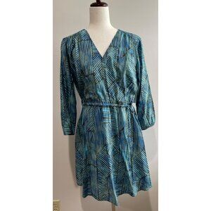 Time and Tru Wrap Waist A-Line Dress Womens S Blue Geometric Pattern Rayon Blend
